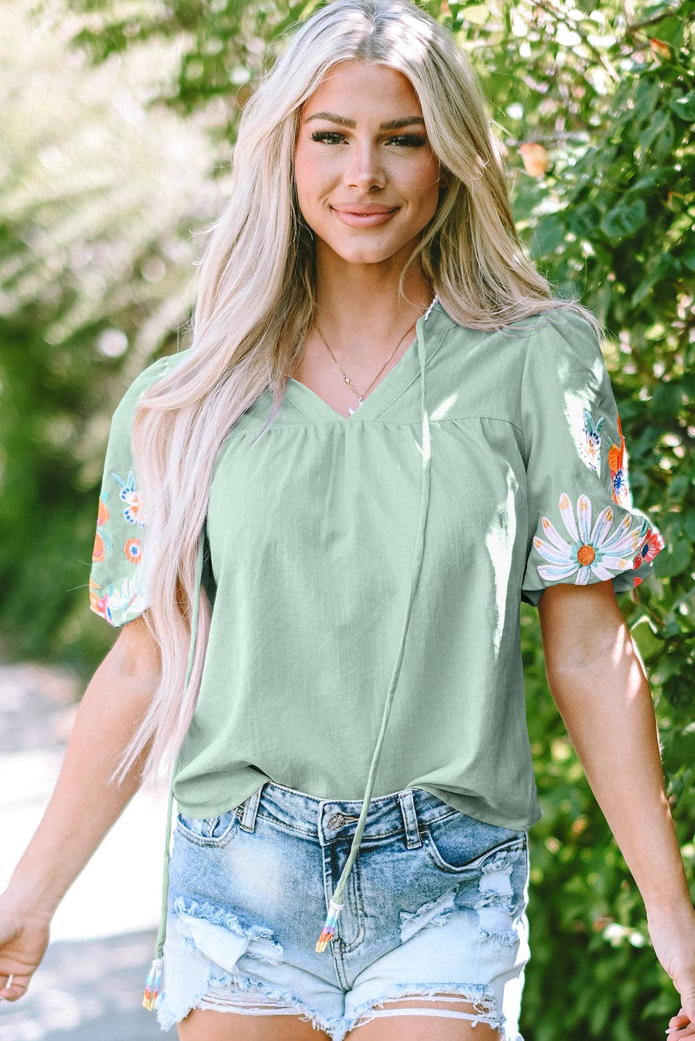 Floral Embroidered Puff Sleeve Blouse: Clearly Aqua