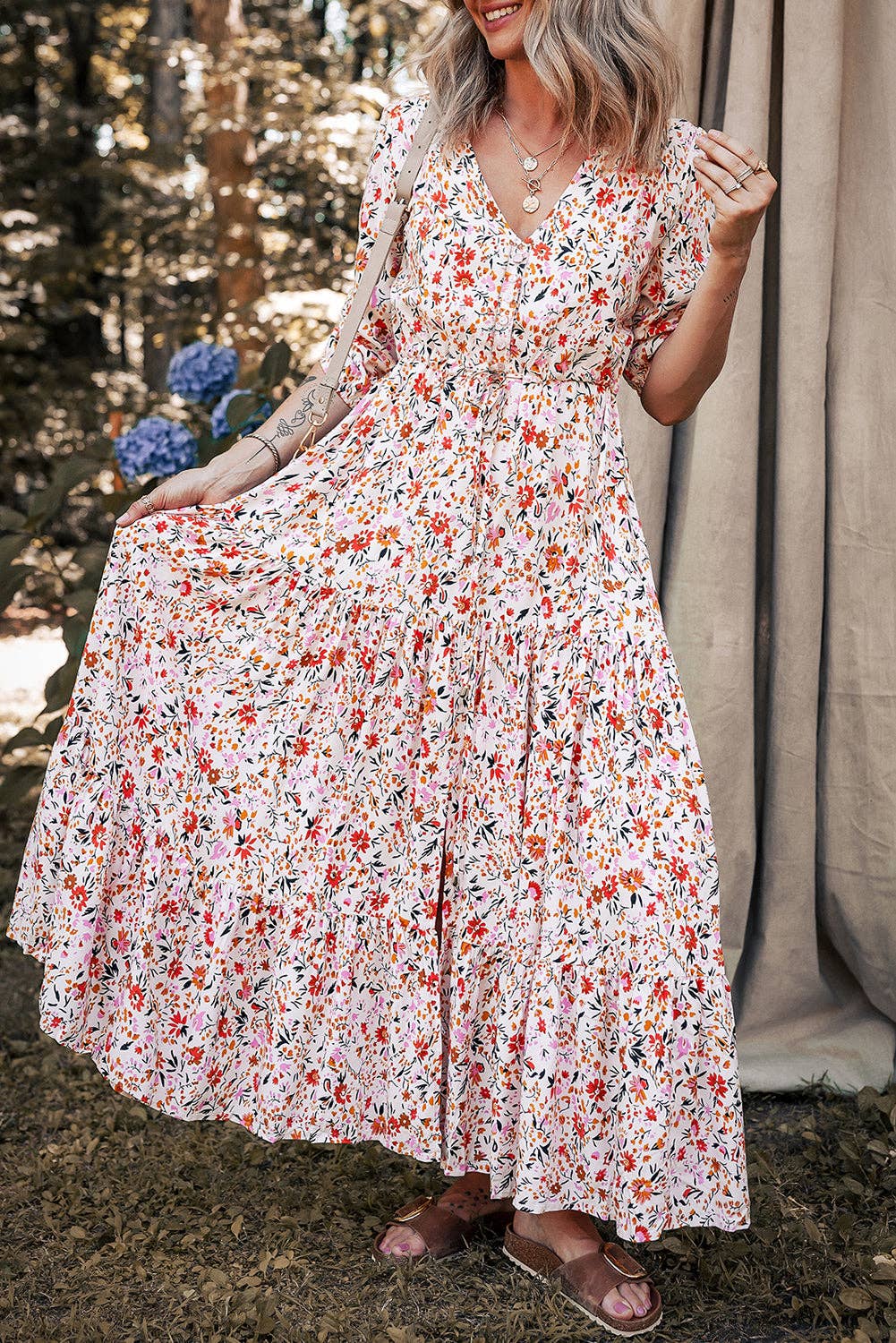 Boho Floral Short Sleeve Summer Maxi Dress