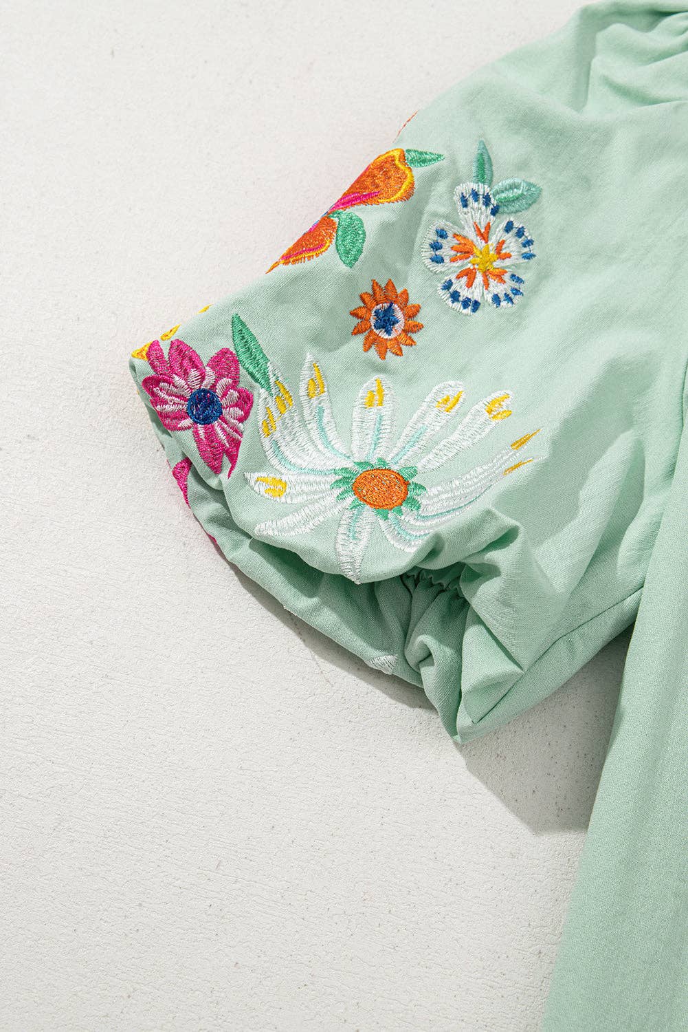 Floral Embroidered Puff Sleeve Blouse: Clearly Aqua
