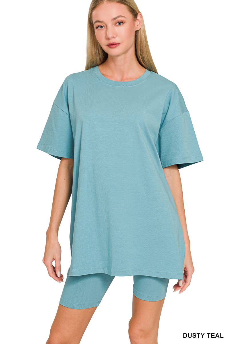 Cotton Round Neck Top And Biker Shorts: DUSTY TEAL