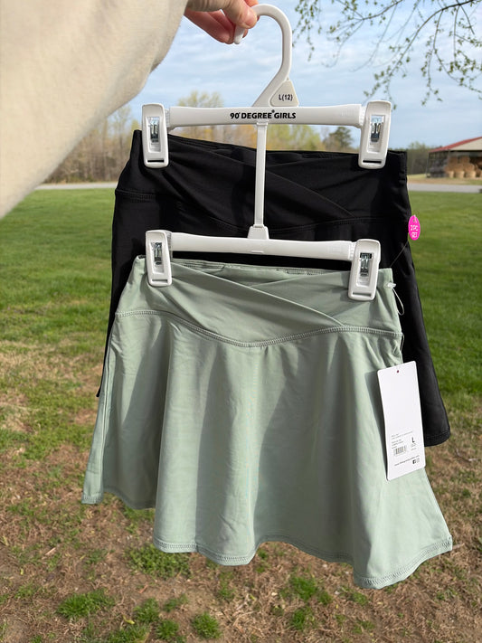 2 PC Pack - Girls Crossover Waistband Tennis Skirt (Skort): Iceberg Green/Black