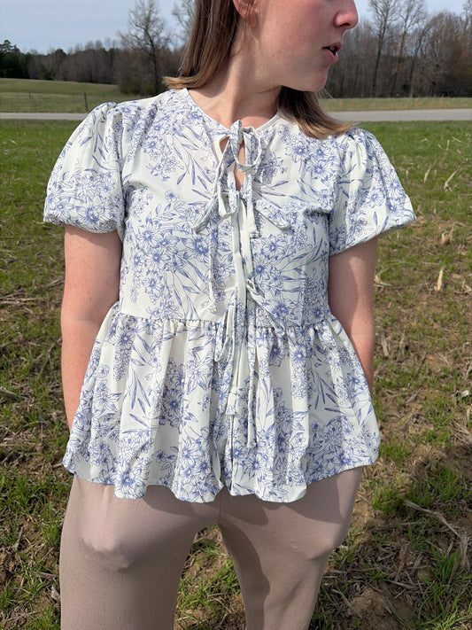 Floral Ribbon Tie Top — S