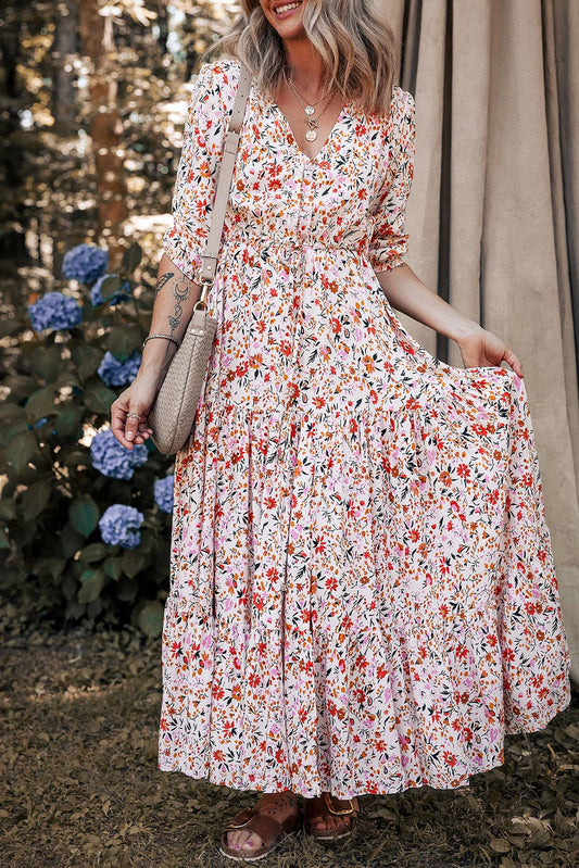 Boho Floral Short Sleeve Summer Maxi Dress