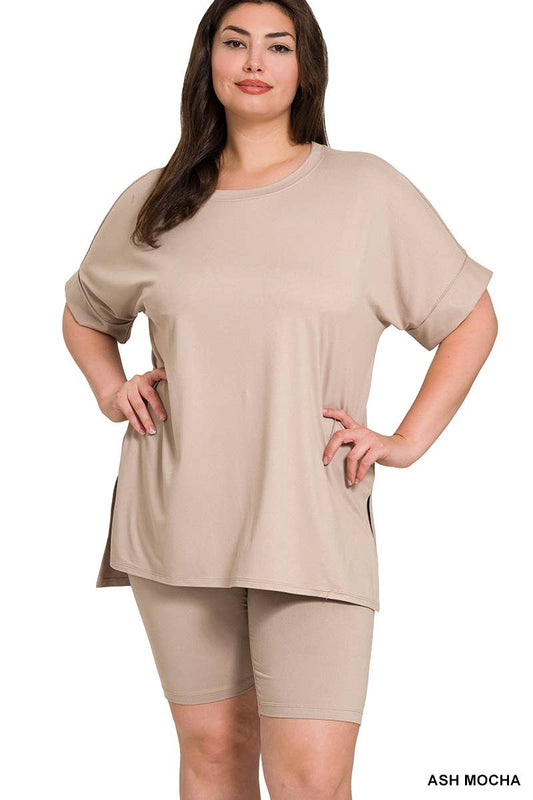 Plus Round Neck Top And Biker Shorts: ASH MOCHA