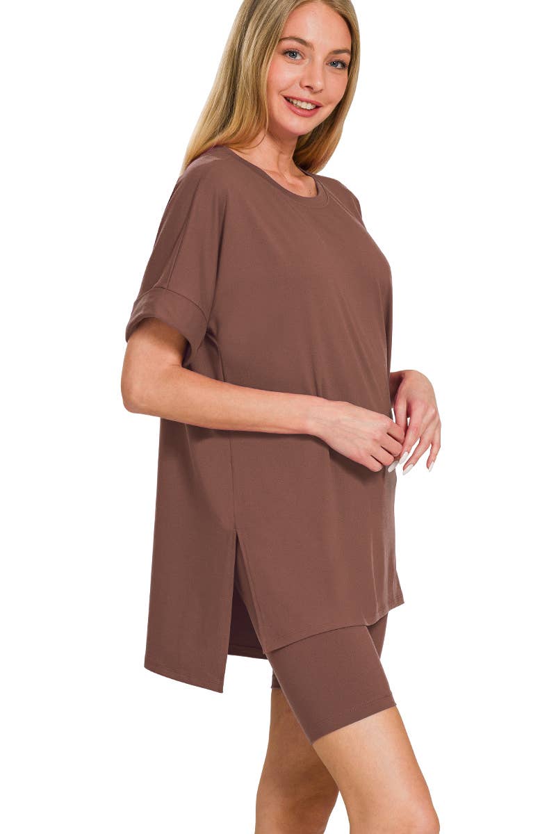 Brown — Oversized Tee & Biker Shorts — S