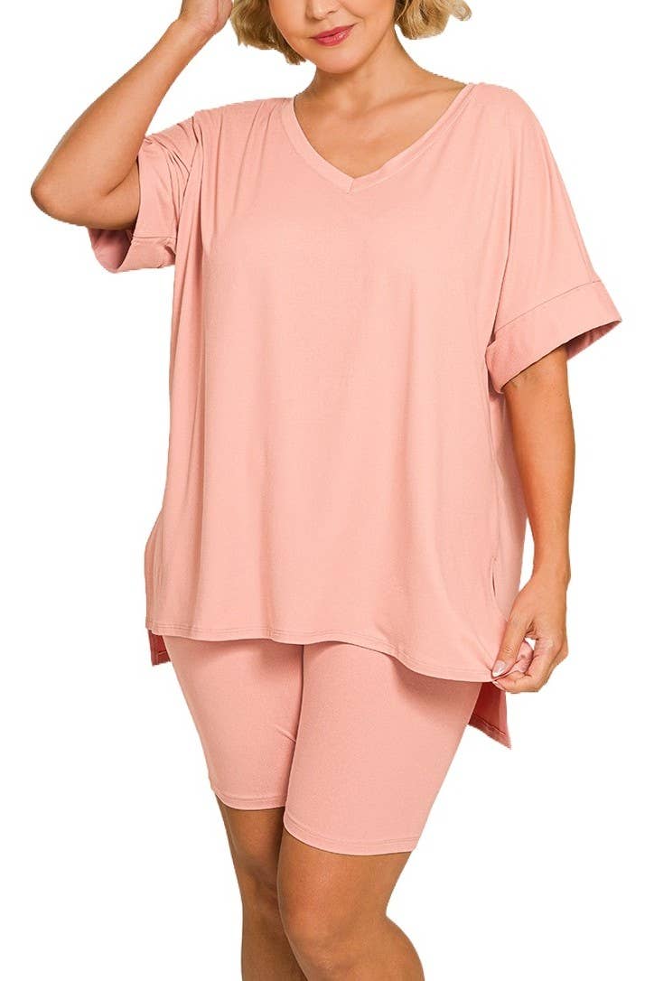 Plus V-neck Top And Biker: TAN ROSE
