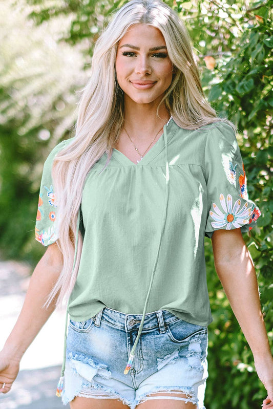 Floral Embroidered Puff Sleeve Blouse: Clearly Aqua