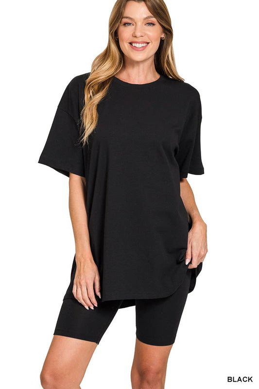 Cotton Round Neck Top And Biker Shorts: BLACK