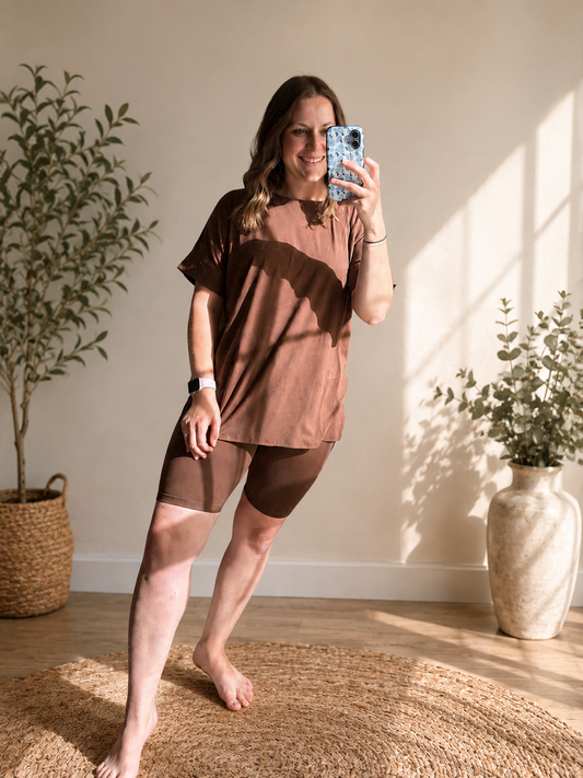 Brown — Oversized Tee & Biker Shorts — S