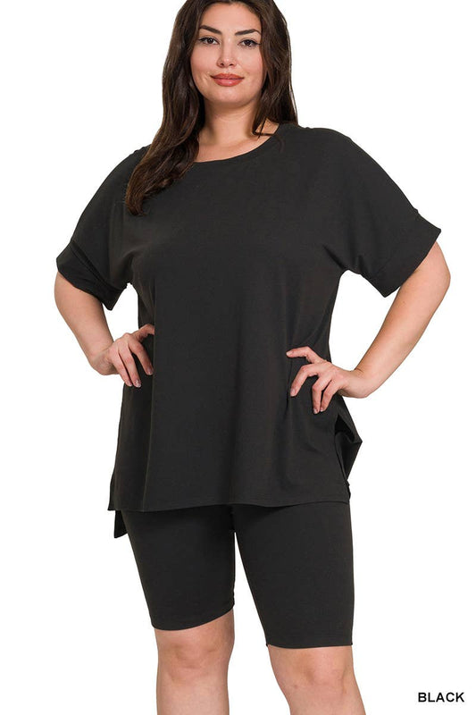 Plus Brushed Round Neck Top And Biker Shorts: BLACK