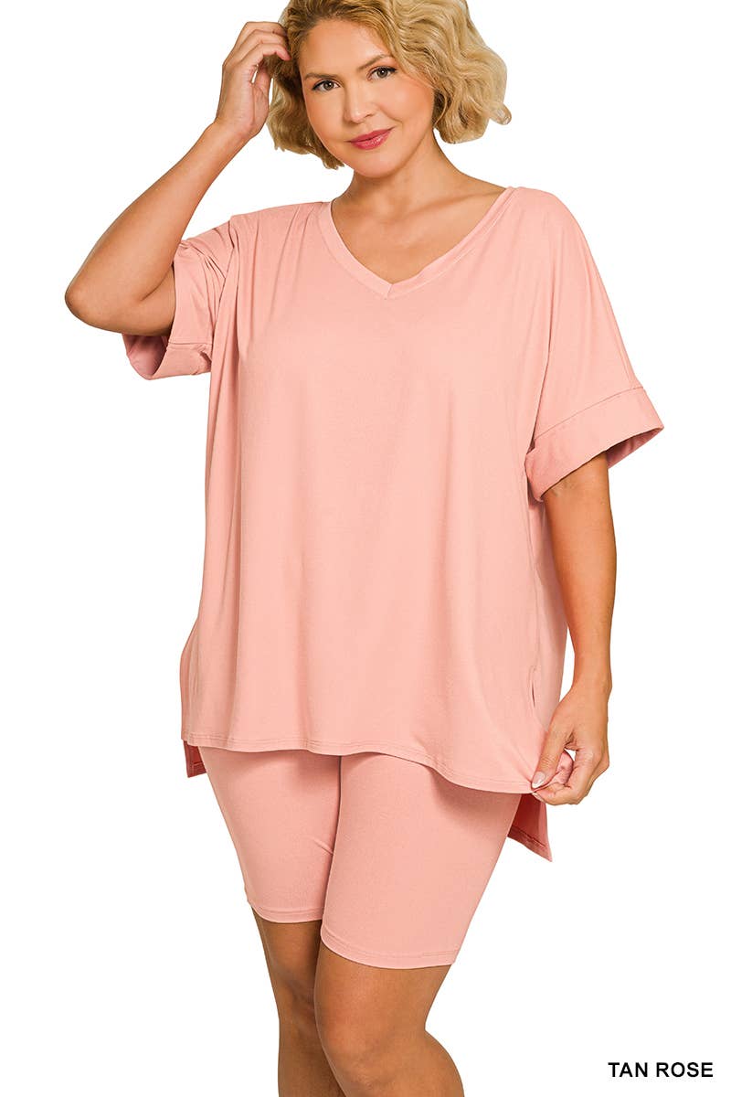 Plus V-neck Top And Biker: TAN ROSE