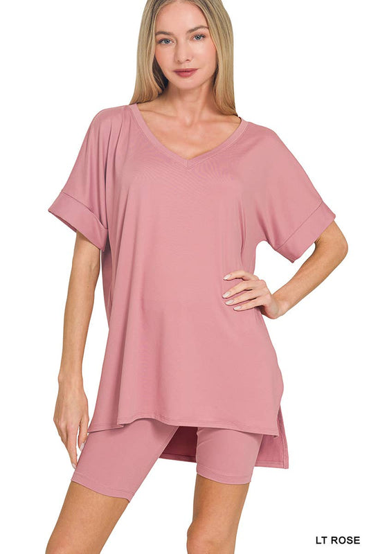 V-neck Top And Biker Shorts: LT ROSE